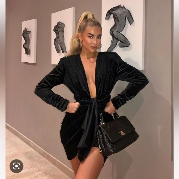 House of CB Pascale Black Draped Velvet Mini Dress - Picture 3 of 7